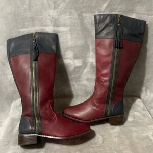 Twiggy London Women's Riding Boots 7.5 Burgundy Navy Leather Zipper Tassel Chic